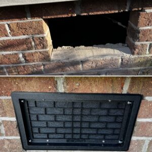 Two images: First shows a rectangular hole in a brick wall. Second shows the same hole covered with a black vent.