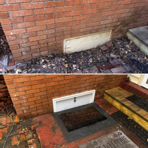 Two images showing the before and after of a brick wall repair. The top image shows a worn-out wall section, while the bottom image shows a neat repair with a white hatch and cleaned area.