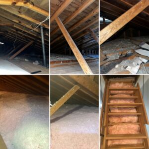 Collage of attic images showing wooden beams, insulation, and a stairway with pink insulation on the sides.