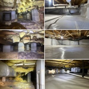 Before and after images of a crawl space renovation. Left side shows cluttered, exposed insulation; right side shows clean, insulated, and sealed space.