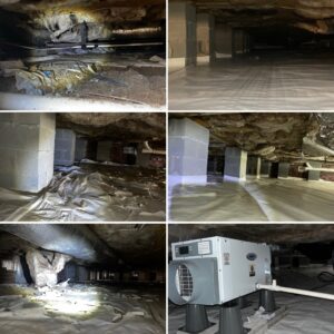 Collage of six images showing a crawl space with insulation, plastic sheeting, ductwork, cinder block supports, a dehumidifier, and vapor barriers.