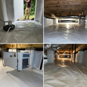 A series of images showing a crawl space with white plastic lining, insulated walls, and a dehumidifier.