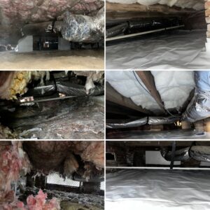 A collage of six images of a crawl space. The images show insulation materials, ducts, and plastic sheeting in various stages of disrepair and repair.