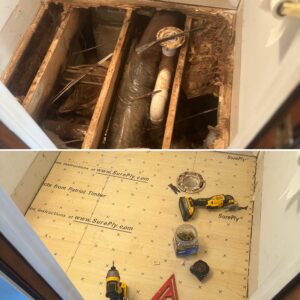 Top image shows a damaged floor with exposed plumbing. Bottom image shows repaired floor with tools and materials on top.