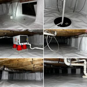 A sealed crawl space with white vapor barriers, pipes, ducts, and a dehumidifier unit.