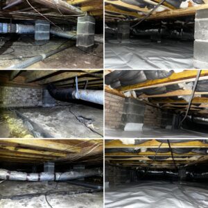 A series of six images depicting a crawl space before and after encapsulation. The before images show exposed pipes and dirt floors, while the after images show clean, insulated walls and floors.