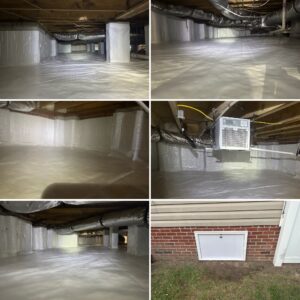 Series of six images showing a clean, fully encapsulated crawl space with white plastic sheeting on the floors and walls, insulated ducts, and a dehumidifier, plus an exterior view of a crawl space vent.