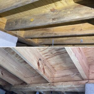 Two images of wooden ceiling beams in an unfinished basement, showcasing different angles of the construction details. The beams appear new and structurally sound with no apparent damage.