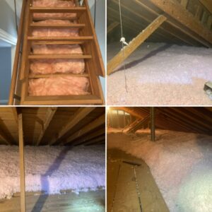 Collage of four images depicting an attic being insulated with pink fiberglass and loose-fill insulation. One image shows the attic stairs, others show the insulation spread across the attic floor.