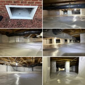 This image shows various views of a crawl space covered in white vapor barrier material, with insulation and air ducts visible in an organized and clean environment.