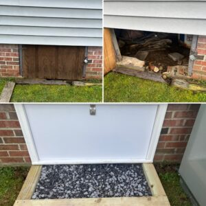 Two images show access points to a crawl space, one with a wooden door and the other with the door removed, exposing the crawl space. The third image shows a refurbished entry with gravel and a new frame.