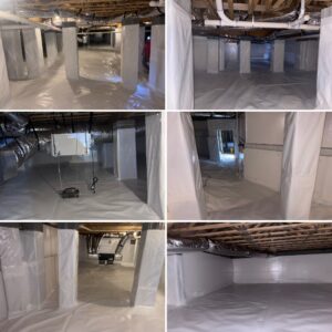 A basement or crawl space is lined entirely with clean white plastic sheeting; visible are support pillars, ductwork, plumbing, and some electrical components.