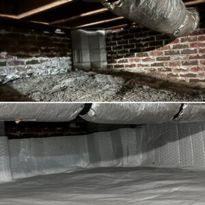 Comparison of the same crawl space before and after encapsulation, highlighting exposed brick and dirt versus a neatly sealed and insulated area.