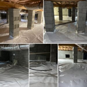 Image of a basement with concrete block pillars and walls. The floor and lower parts of the walls are covered with white plastic sheeting, and ductwork is visible along the ceiling.