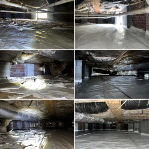 Series of six photos showing a crawl space in a building, three images depict it cluttered with debris and unfinished insulation, while the other three show it cleaned and lined with white vapor barriers.