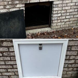 Two images of a brick wall: the top shows an open hole with exposed wires; the bottom shows a closed panel with a latch.