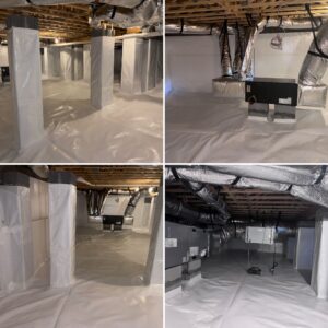 A basement with a clean, white vapor barrier installed on the floor and walls, featuring HVAC ductwork visible on the ceiling in a well-lit space.