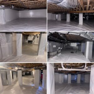 A series of six images showing a crawl space with plastic sheeting, insulation, and ductwork. The space is clean, organized, and has vapor barriers installed.