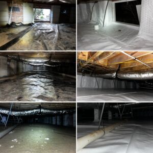 A series of images showing a basement before and after renovation. The before images reveal cluttered, exposed piping and insulation, while the after images depict a clean, insulated, and organized space.