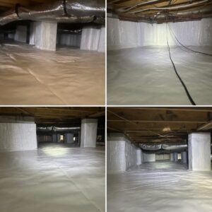 A crawlspace with white, plastic vapor barriers covering the floor and walls. Exposed wooden beams, metallic ductwork, and various wires and cables are seen in different corners.