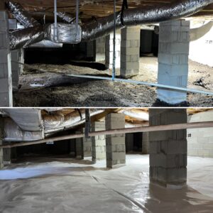 Two images showing a before and after of a crawl space. The upper image shows an unfinished, dirt floor crawl space. The lower image shows the same space after encapsulation with a white vapor barrier.