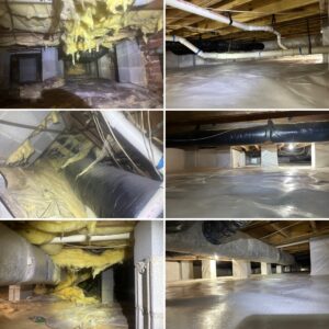 A series of six images showing the underbelly of a house with damaged insulation, exposed pipes, and ducts. The last two images depict the space after insulation and repair, with the area clean and sealed.