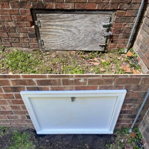 Two images of crawl space access doors on brick walls. The top door is wooden with metal hinges and padlock; the bottom door is white framed with a latch. Grass is visible in both images.