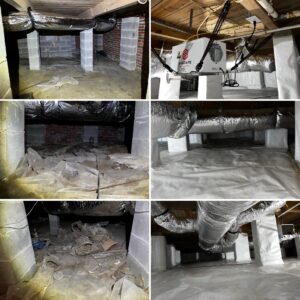 Crawl space transformation: before images show dirt and clutter; after images display clean, insulated areas with ductwork and a dehumidifier installed.