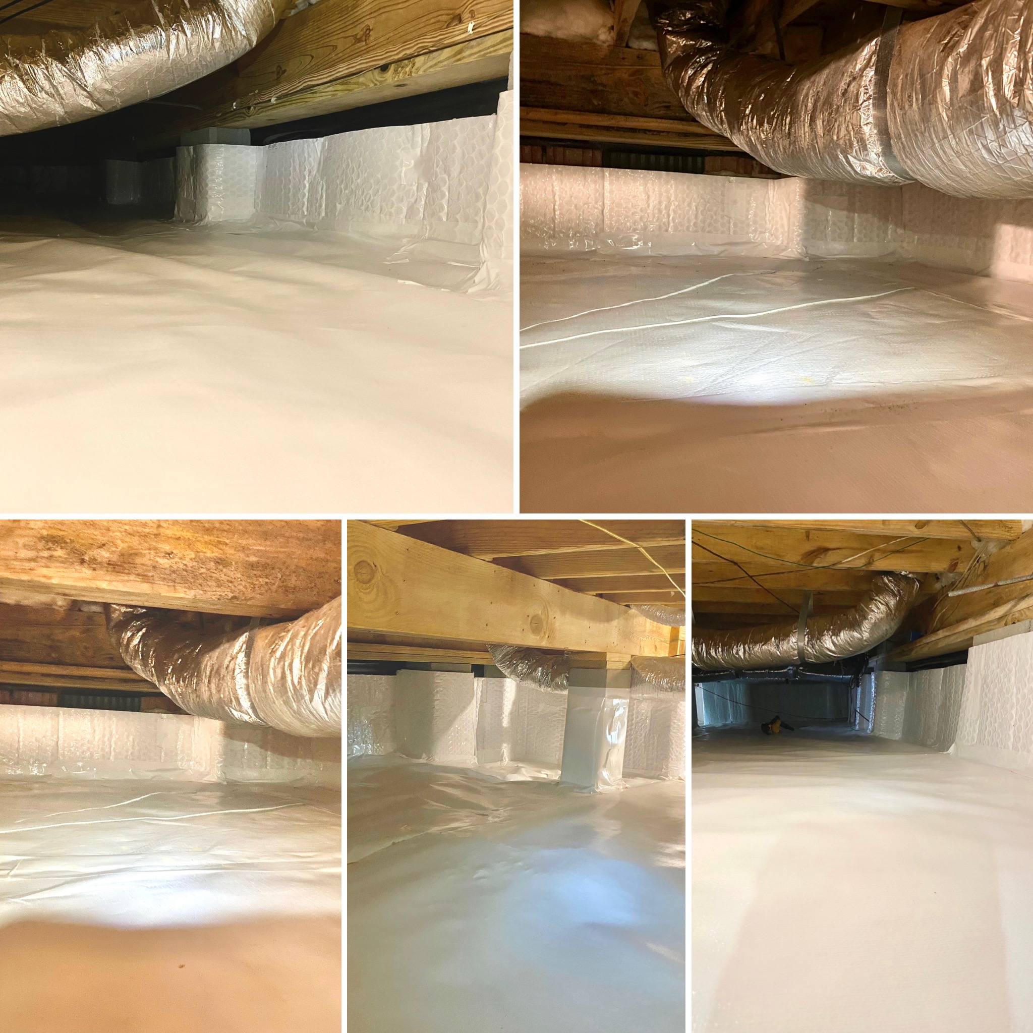 A collage of five images showing a clean, encapsulated crawl space with white plastic sheeting covering the floor and walls, and insulated air ducts running along the ceiling.